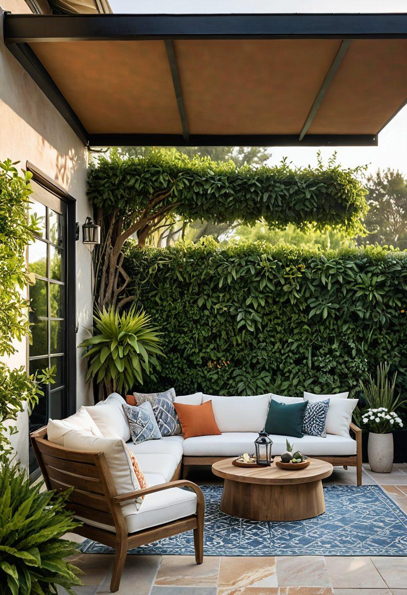 A cozy outdoor space featuring various stylish awnings and outdoor coverings, with lush greenery and comfortable furniture for relaxation. Showcase both modern and traditional designs, highlighting vibrant colors and textures. Include a warm sunset in the background for added ambiance. Emphasize the versatility of the coverings in different settings like patios, gardens, and poolside areas. super-realistic. vibrant colors. warm tones.