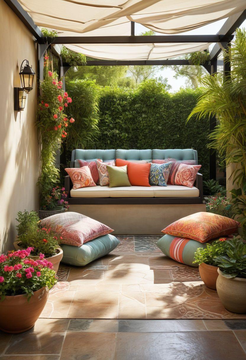 A serene outdoor patio scene, showcasing a stylish canopy draped over a cozy seating area with plush cushions. Lush greenery and vibrant flower pots surround the space, while soft sunlight filters through the canopy, creating dappled shadows on the patio floor. A gently flowing water feature adds a calming touch, inviting relaxation. Include decorative lanterns and a few colorful throw pillows to accentuate the oasis feel. super-realistic. vibrant colors. sunny ambiance.